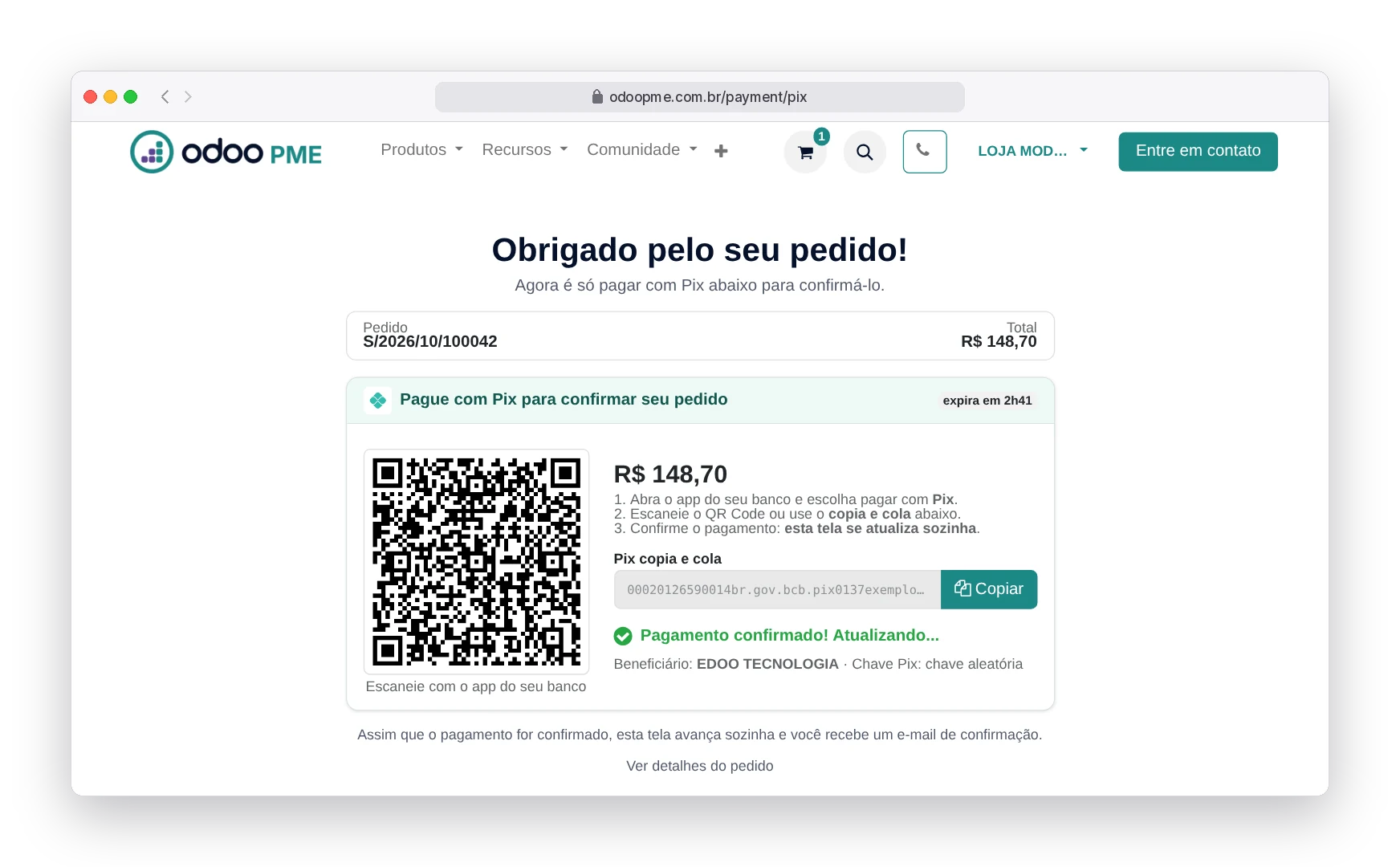 Tela do Pix no Odoo360 com o pagamento confirmado: a página avança sozinha para os próximos passos