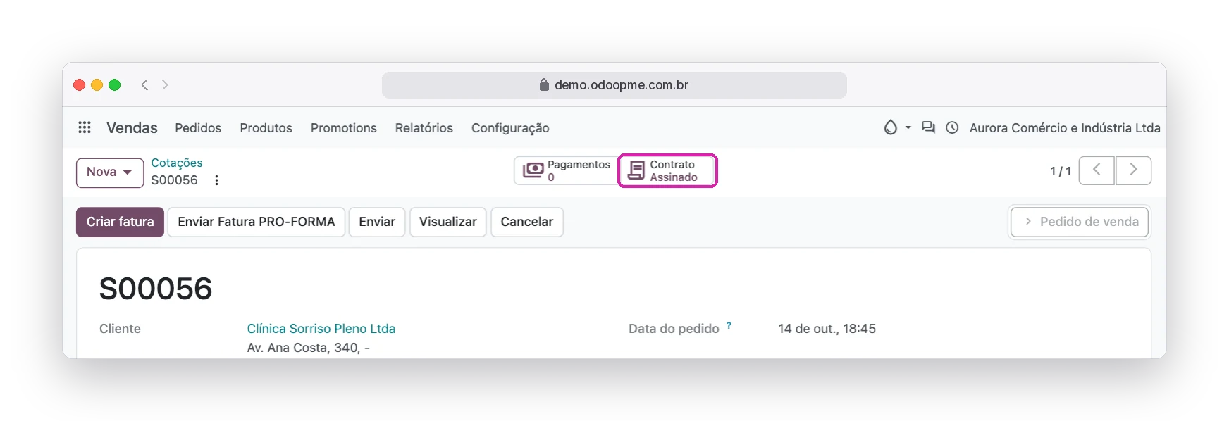 Botão Contrato no topo do pedido de venda mostrando o contrato assinado