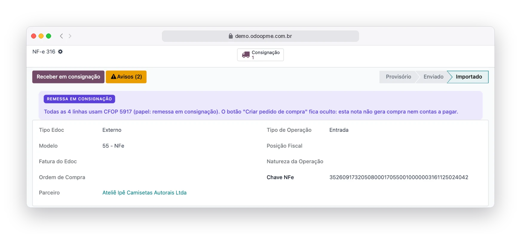 NF-e de remessa em consignação reconhecida pelo CFOP 5917, sem gerar compra