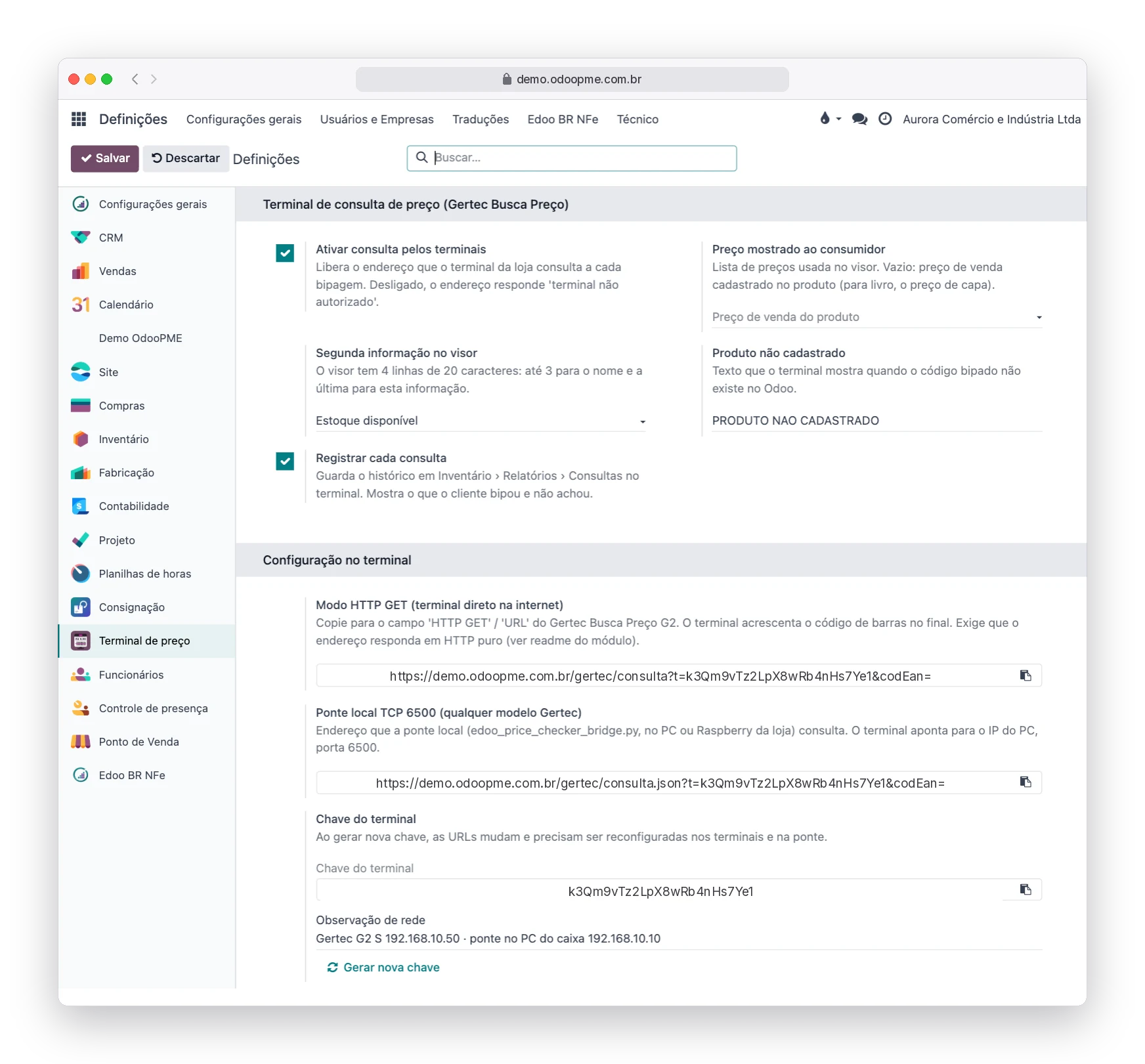 Tela de Definições do Odoo360 com a configuração do terminal de consulta de preço