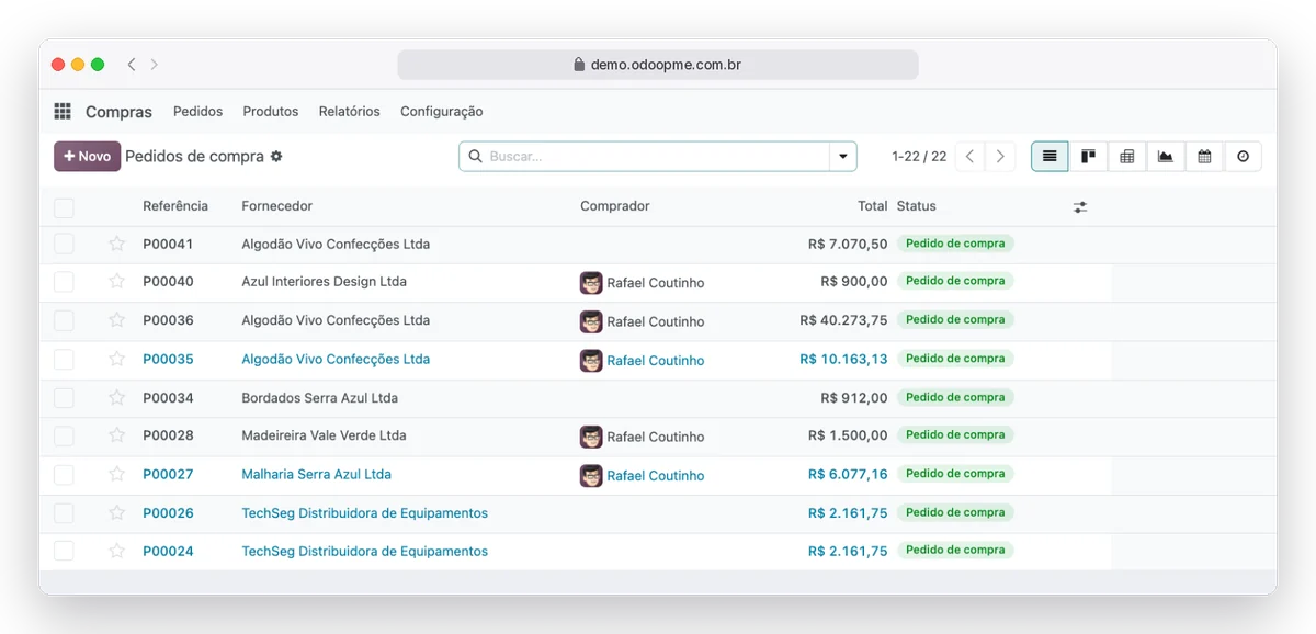 Tela de pedidos de compra do Odoo360 com fornecedores, totais e status