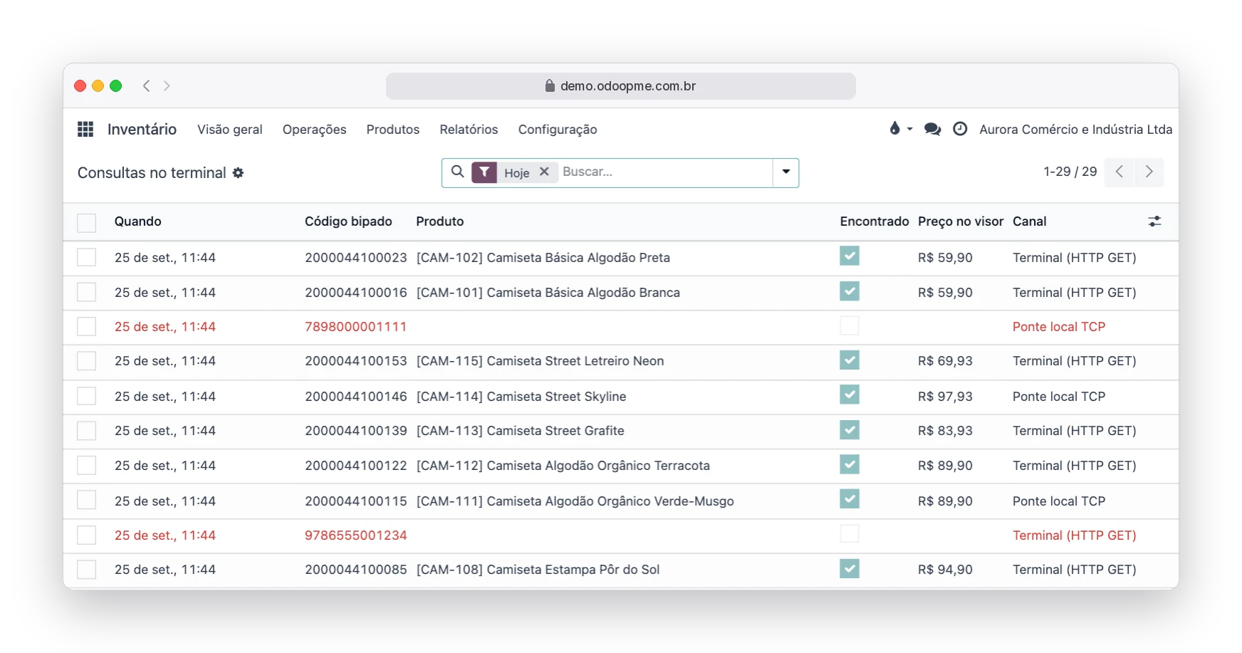 Relatório Consultas no terminal do Odoo360 com as bipagens do dia, preço mostrado e códigos não encontrados