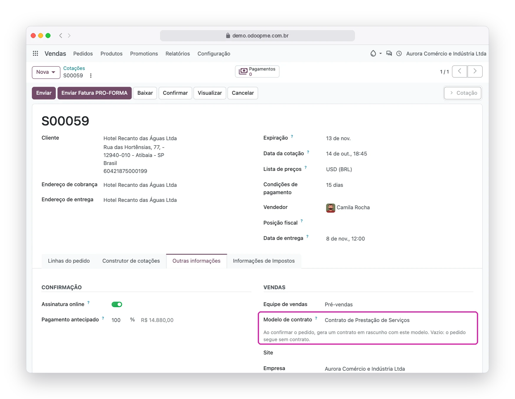 Pedido de venda do Odoo360 com o campo Modelo de contrato na aba Outras informações